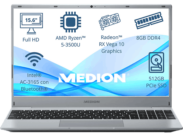 Portátil Medion Akoya MD62428 15.6 Full HD AMD Ryzen™ 5 3500U 8GB RAM 512GB SSD Radeon™ RX Vega 10 Sin sistema operativo
