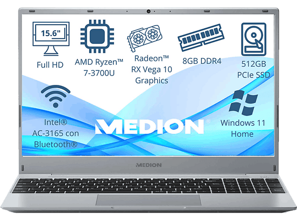 Portátil Medion Akoya MD62429 15.6 Full-HD AMD Ryzen™ 7 3700U 8GB RAM 512 GB SSD Radeon™ RX Vega 10 Windows 11 Home
