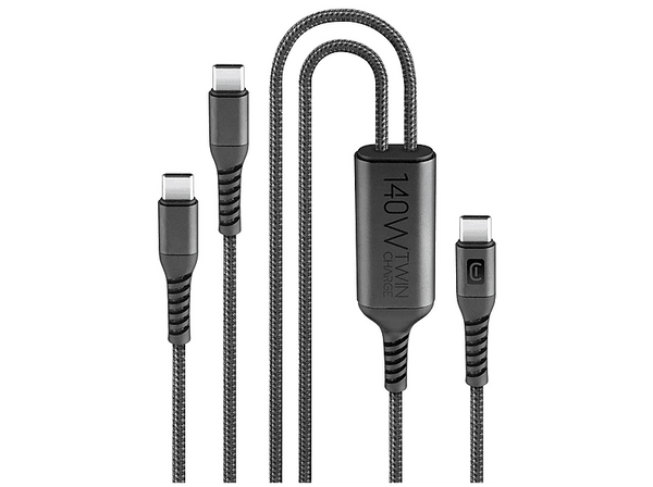 Cable USB CellularLine Twin Charge Cable USB C Carga simultánea 140 W Universal Negro