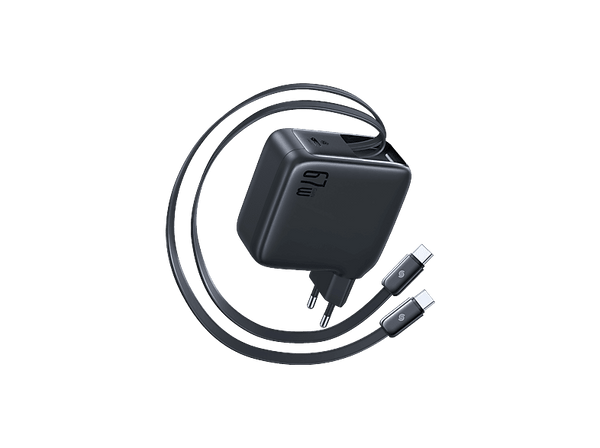 Cargador de pared Baseus EnerCore CJ21 DUAL Con doble cable retráctil Tipo-C Carga simultánea rápida de 67 W Negro Cosmic